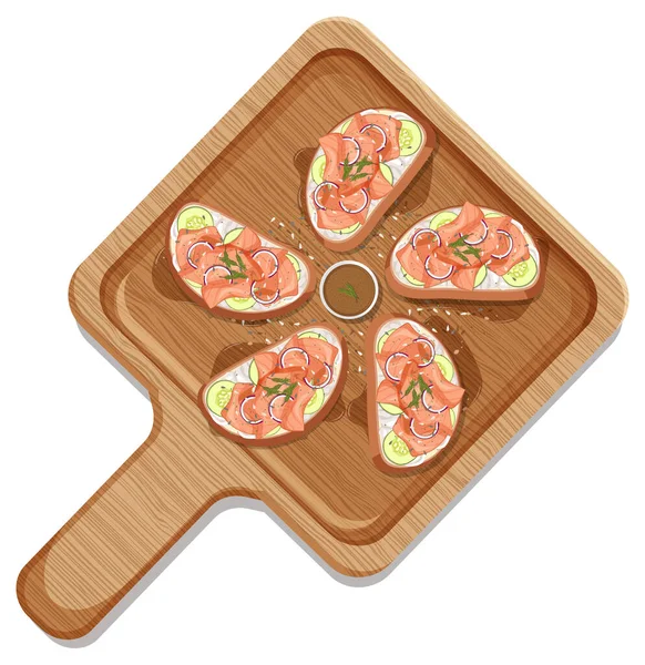 Füstölt Lazac Bruschetta Egy Fatáblán Izolált Illusztráció — Stock Vector