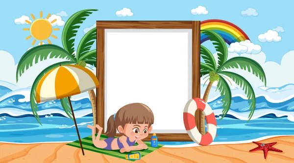 Kids Vacation Beach Daytime Scene Empty Banner Template Illustration — Stock Vector