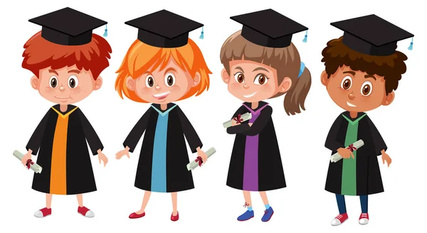 Set Different Kids Wearing Graduation Gown Illustration — Stock Vector