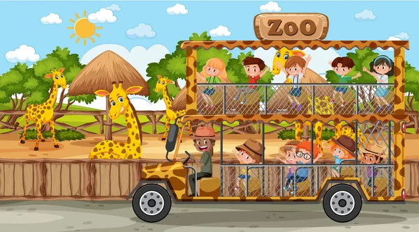 Safari Overdag Scene Met Veel Kinderen Kijken Giraffe Groep Illustratie — Stockvector