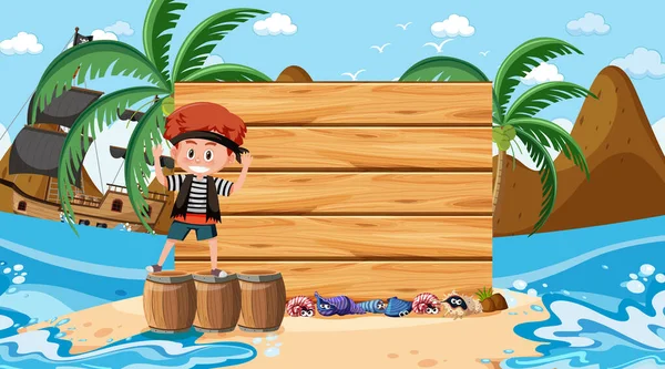 Rapaz Pirata Praia Cena Diurna Com Banner Vazio Modelo Ilustração — Vetor de Stock