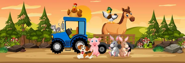 农场里的各种农场动物的全景图片说明 — 图库矢量图片