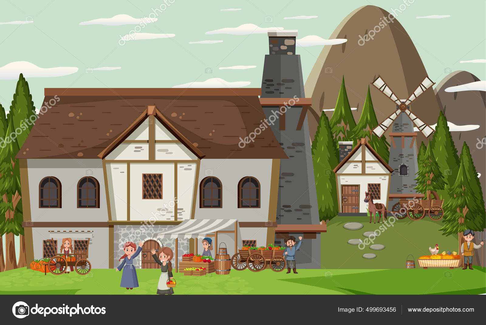 Casa Medieval Com Ilustração De Moinho De Vento E Aldeões Royalty
