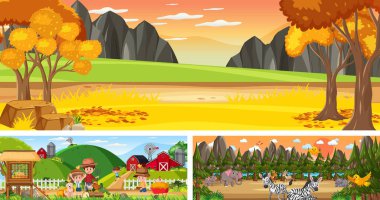 Çizgi film karakteri çizimi olan açık hava panoramik manzara seti