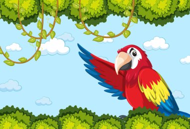 Yaprak çerçeveli boş pankart ve papağan kuşu çizgi film karakteri çizimi