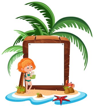 Boş afiş şablonu, plajda beyaz arkaplanda tatil yapan bir kızla.