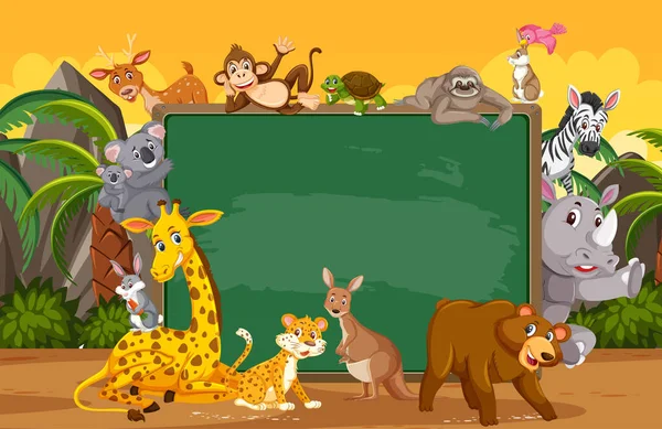 Empty Blackboard Various Wild Animals Forest Illustration — Stock Vector