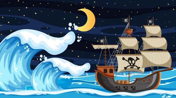 Ocean Scene Night Pirate Ship Cartoon Style Illustration — Stock Vector