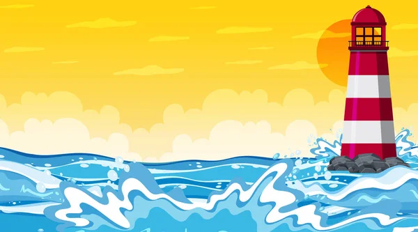 Paysage Plage Coucher Soleil Avec Illustration Vagues Océaniques — Image vectorielle