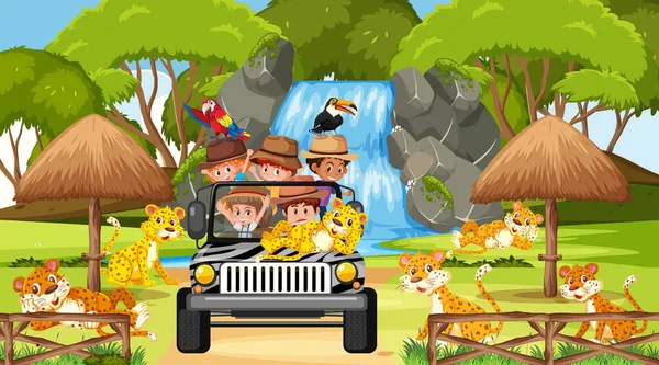 Visite Des Enfants Dans Scène Safari Avec Nombreuses Illustrations Léopards — Image vectorielle