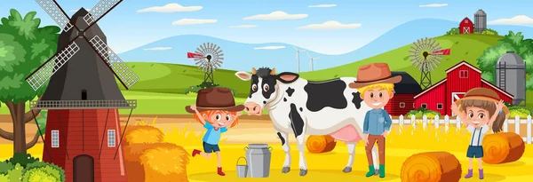 Granja Horizontal Paisaje Escena Con Niños Dibujos Animados Carácter Una — Vector de stock