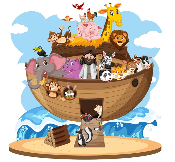 Noah Ark Met Dieren Geïsoleerd Witte Achtergrond Illustratie — Stockvector