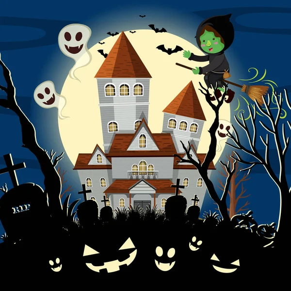 Strašidelný Halloween Zámek Noci Ilustrace — Stockový vektor