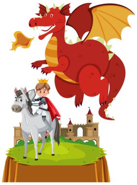 Kale illüstrasyonunda şövalyeler ejderhalarla kavga eder.