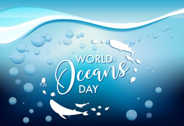 Birçok farklı deniz hayvanı resimli Dünya Okyanus Günü afişi