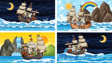 Korsan gemisi ve korsan çizgi film karakteri çizimleriyle sahneler.