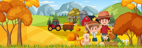 Granja Horizontal Paisaje Escena Con Agricultor Niños Ilustración — Vector de stock