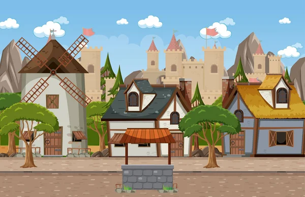 Cena Medieval Cidade Com Fundo Castelo Ilustração — Vetor de Stock
