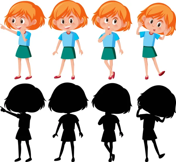 Personaje Dibujos Animados Una Chica Con Diferentes Poses Ilustración — Archivo Imágenes Vectoriales