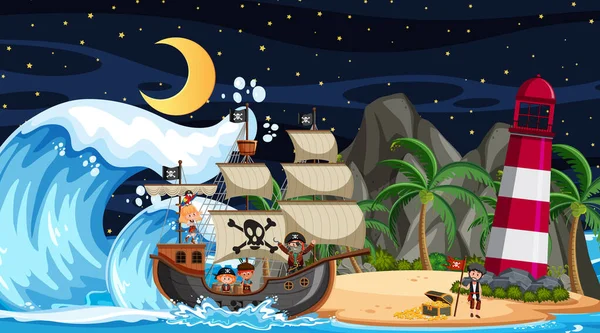Gece Sahnesinde Gemi Resimlerinde Korsan Çocuk Çizgi Film Karakteri Vardı — Stok Vektör