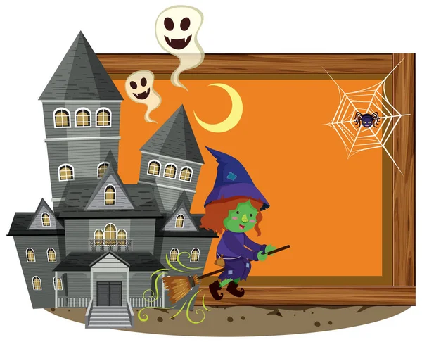 Halloween Skylt Med Häxa Tecknad Illustration — Stock vektor