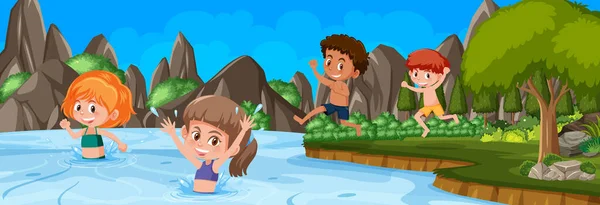Outdoor Szene Mit Vielen Kindern Beim Schwimmen Naturpark — Stockvektor