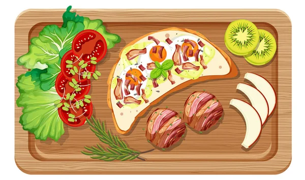Bovenaanzicht Van Het Ontbijt Een Snijplank Geïsoleerde Illustratie — Stockvector