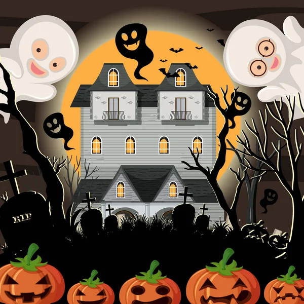 Hemsökt Halloween Herrgård Natten Illustration — Stock vektor