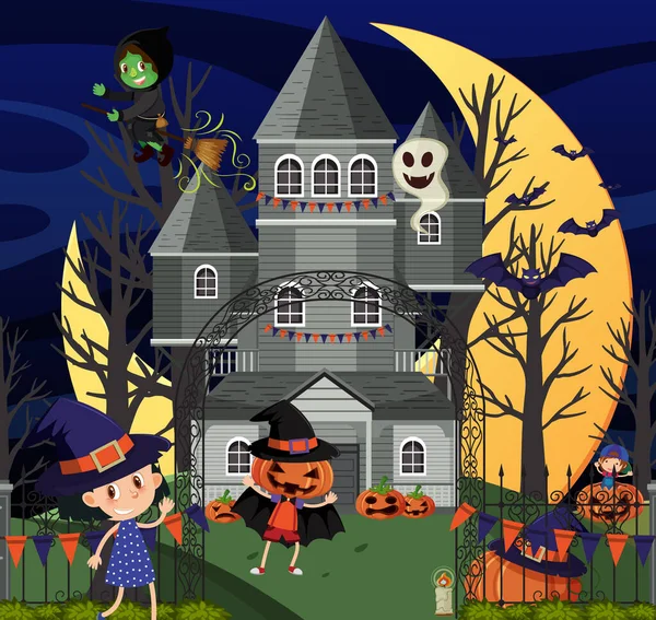 Особняк Привидениями Хэллоуин Ночью — стоковый вектор