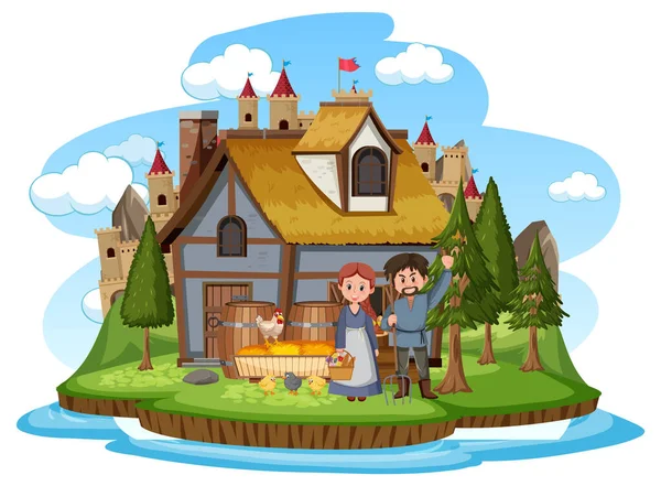 Bauernhaus Mit Dorfbewohnern Auf Weißem Hintergrund Illustration — Stockvektor