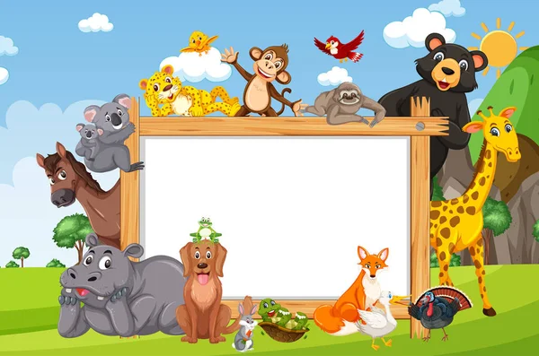 Leeg Houten Frame Met Diverse Wilde Dieren Het Bos Illustratie — Stockvector