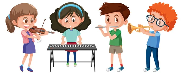 Ensemble Différents Enfants Jouant Des Instruments Musique Illustration — Image vectorielle