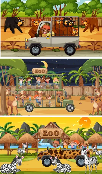 Ensemble Différentes Scènes Horizontales Safari Avec Des Animaux Des Enfants — Image vectorielle