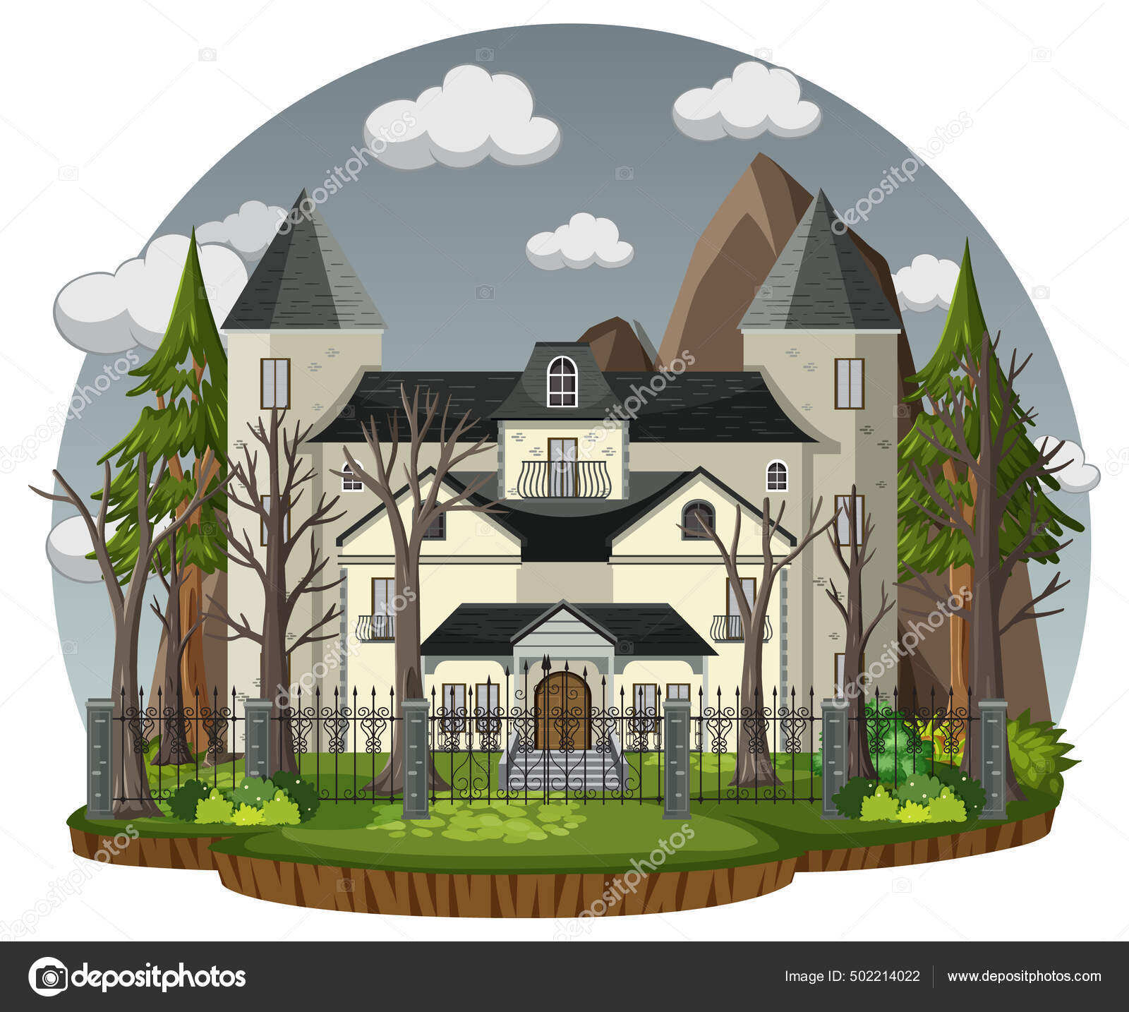 有灰色天空插图的鬼屋图库矢量图©brgfx 502214022, image size:1600x1434