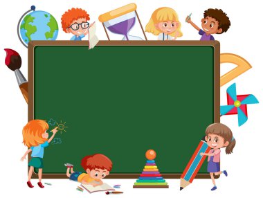 Bir sürü okul çocuğu çizgi film karakteri çizimi olan boş bir karatahta