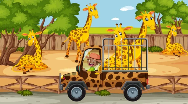 Safari Escena Diurna Con Niños Viendo Ilustración Del Grupo Jirafas — Vector de stock
