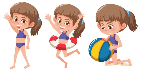 Set Von Einem Mädchen Cartoon Figur Mit Verschiedenen Positionen Sommer — Stockvektor