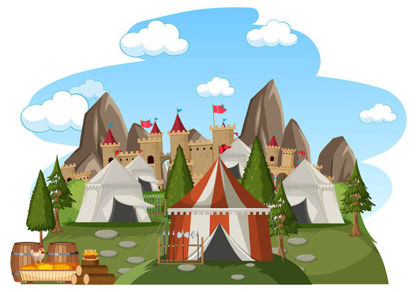 Military medieval camp on white background illustration