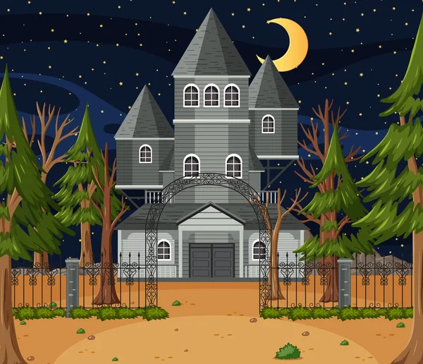 夜のイラストで幽霊ハロウィーンの邸宅 — ストックベクタ