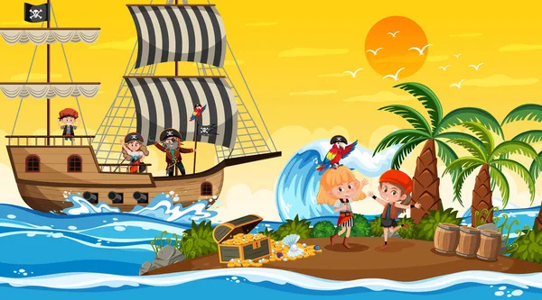 Escena Treasure Island Atardecer Con Ilustración Niños Piratas — Archivo Imágenes Vectoriales