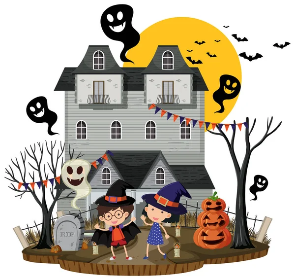 Halloween Fest Mit Geisterhaus Illustration — Stockvektor