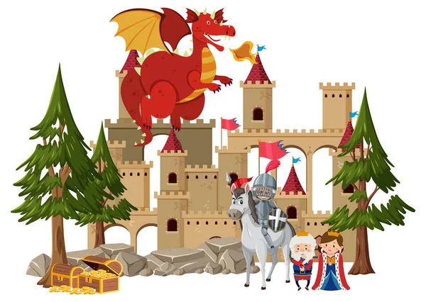 Cavaleiros Lutam Com Dragão Ilustração Castelo — Vetor de Stock