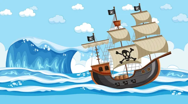 Escena Oceánica Durante Día Con Barco Pirata Ilustración Estilo Dibujos — Archivo Imágenes Vectoriales