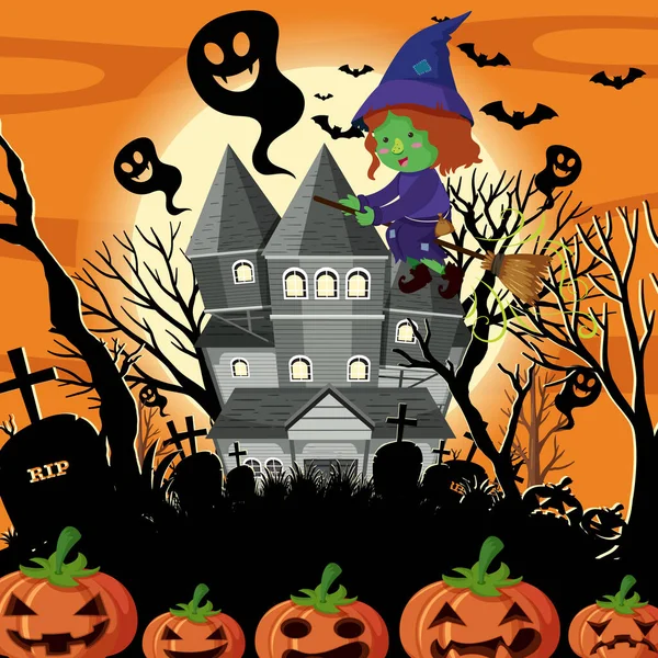 Hemsökt Halloween Herrgård Natten Illustration — Stock vektor