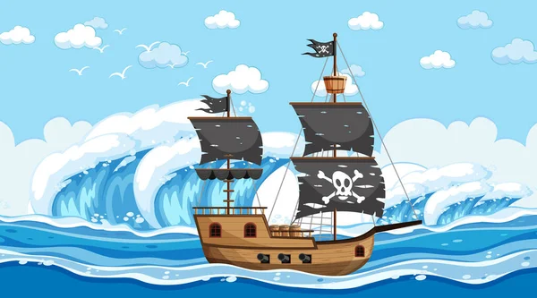 Ocean Pirate Ship Day Time Scene Cartoon Style Illustration — Stock Vector