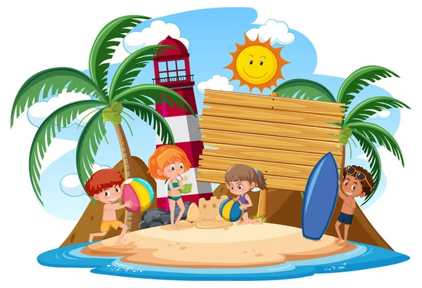 Prázdný Banner Šablony Dětmi Charakter Letní Dovolenou Pláži Bílém Pozadí — Stockový vektor