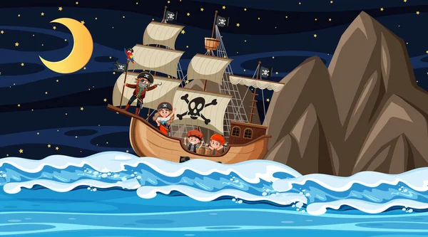 Oceano Con Nave Pirata Notte Scena Stile Cartone Animato Illustrazione — Vettoriale Stock