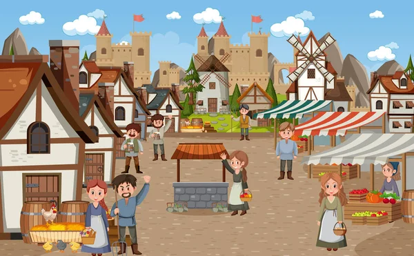 Середньовічні Міські Пейзажі Ілюстраціями Сільських Жителів — стоковий вектор