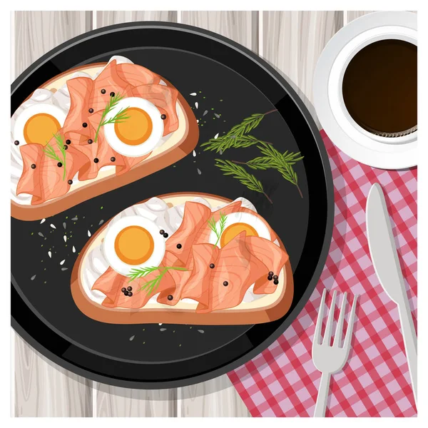 Collation Bruschetta Sur Table Avec Une Tasse Café Illustration — Image vectorielle