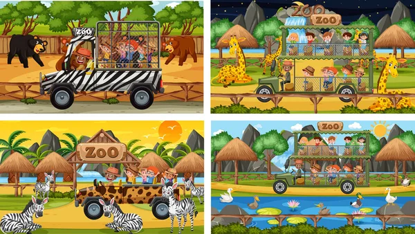 Set Diversi Animali Scene Safari Con Illustrazione Bambini — Vettoriale Stock